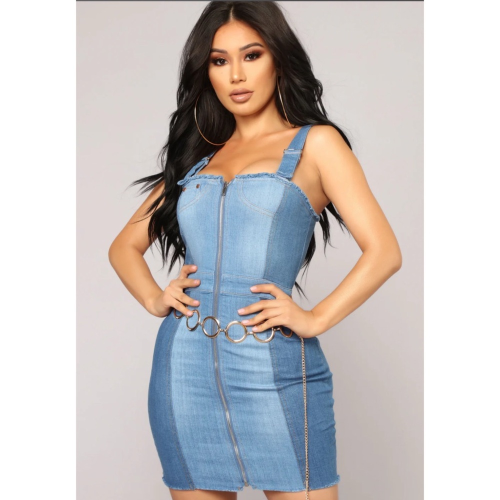 Fashion Nova Black Zip Front Mini Dress| Size S| Two Tone Denim Energy
